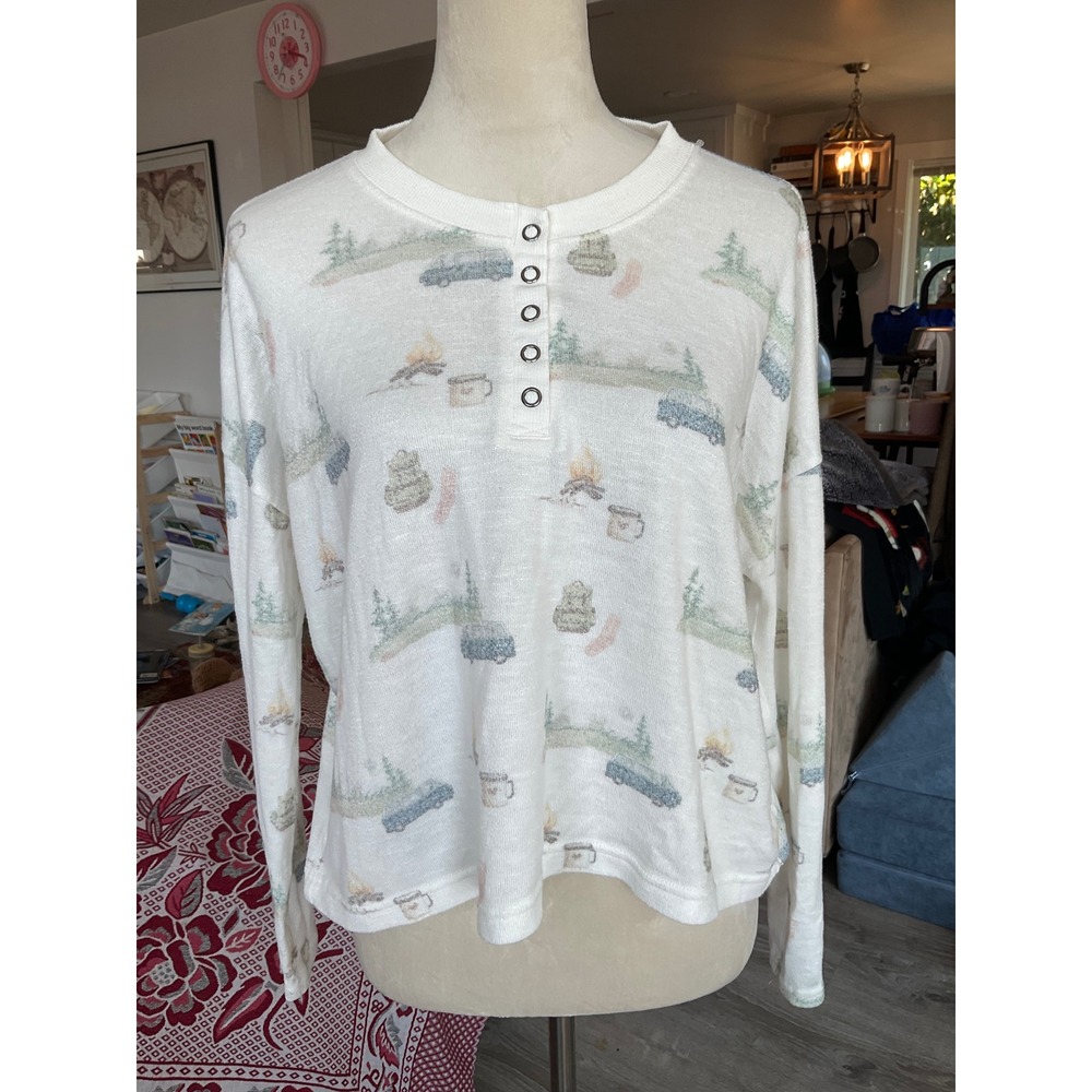 Z Supply Women White Camping Print Henley Long Sleeve Top Metallic Med Outdoors